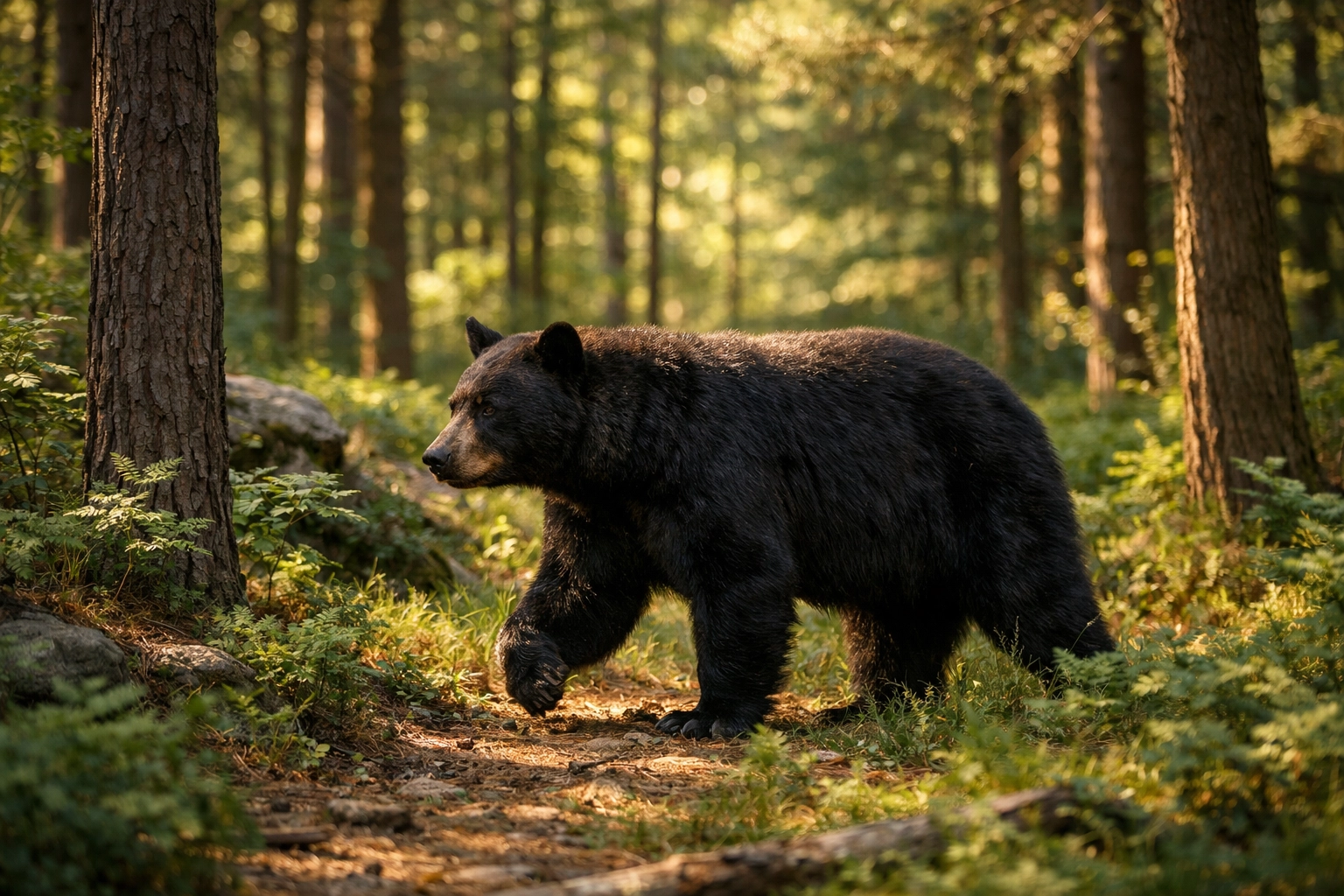 Black bear walking through Pocono Mountains forest in natural habitat