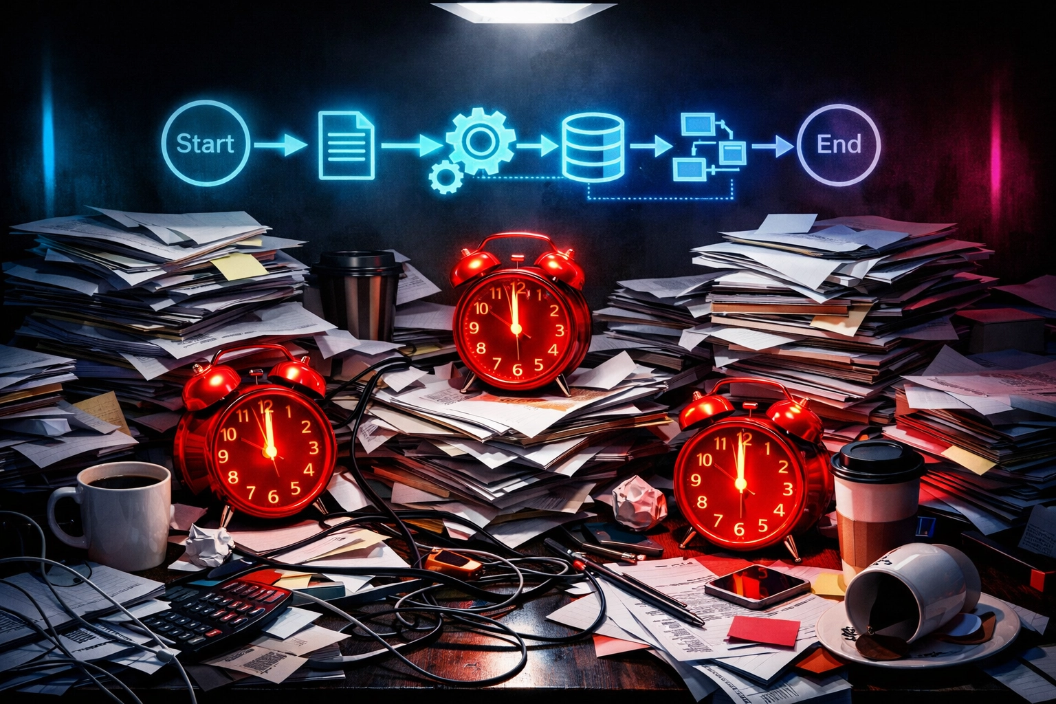 Chaotic manual workflow with paperwork versus streamlined intelligent automation solutions