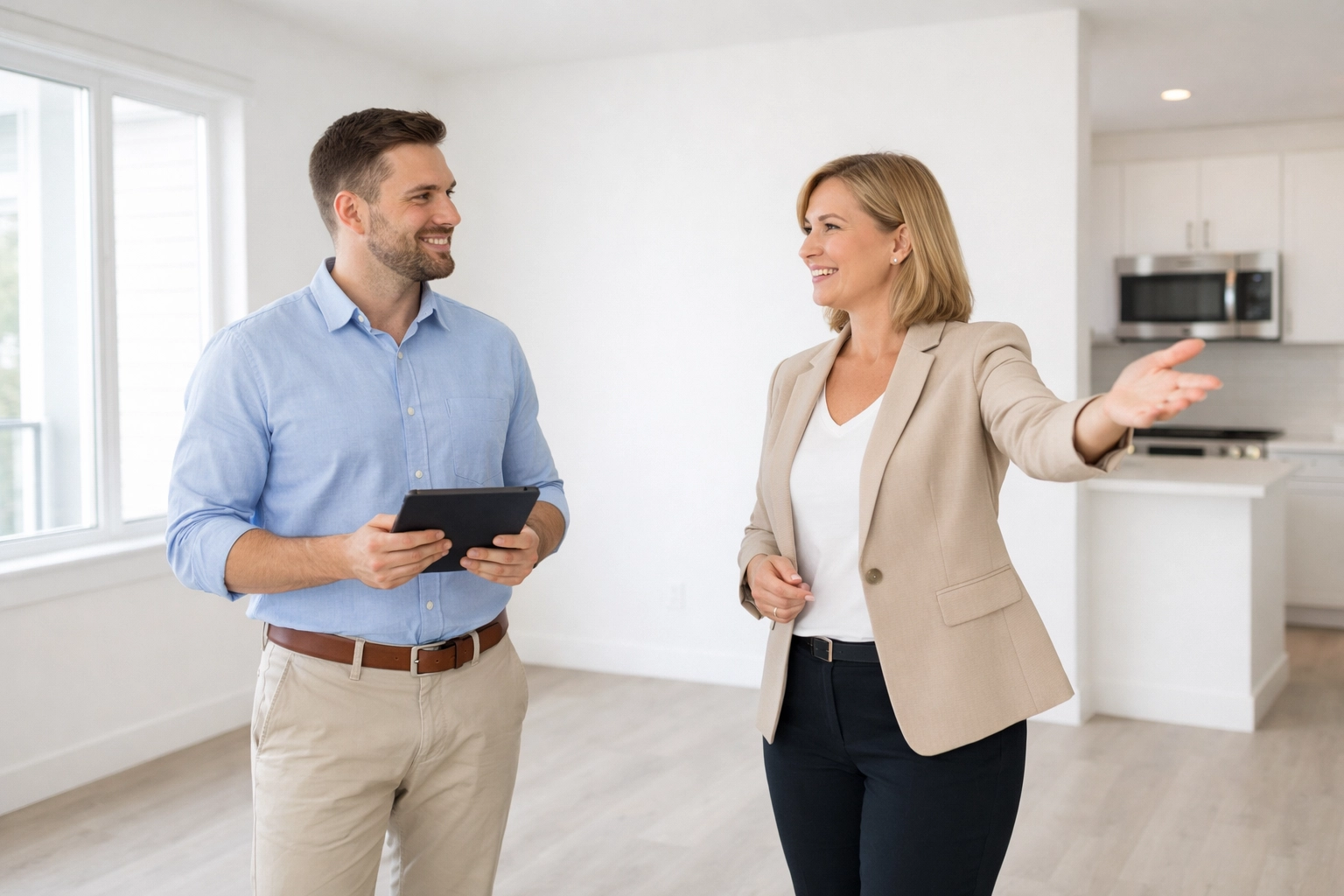 Property management team reviewing freshly cleaned apartment unit for lease