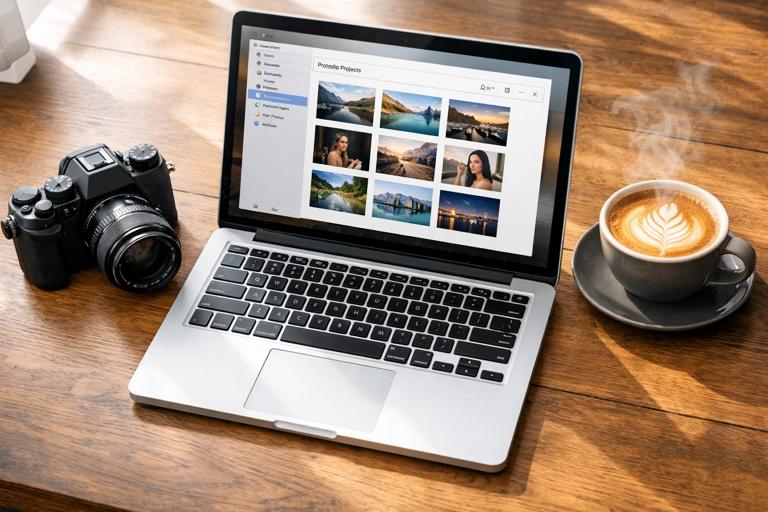 A clean photography post-production workspace with a laptop managing a large folder of destination wedding images.