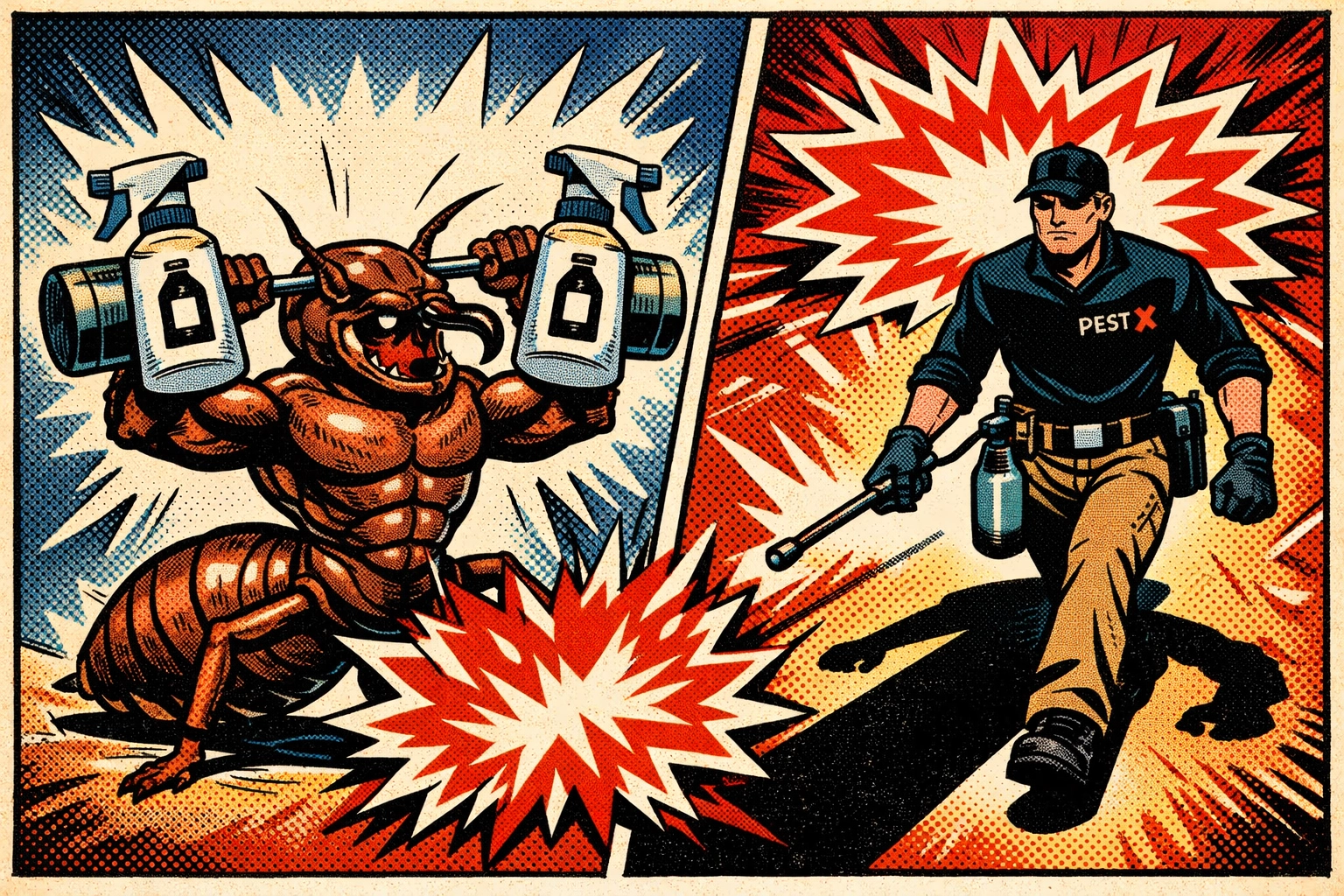 Comic panel showing a Pest X technician stopping termites where natural DIY pest remedies failed.