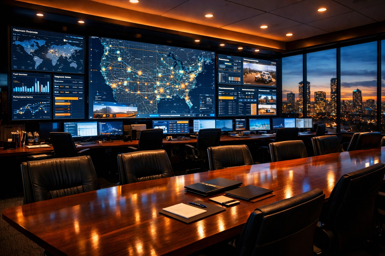Corporate transportation command center monitoring real-time Super Bowl logistics and coordination