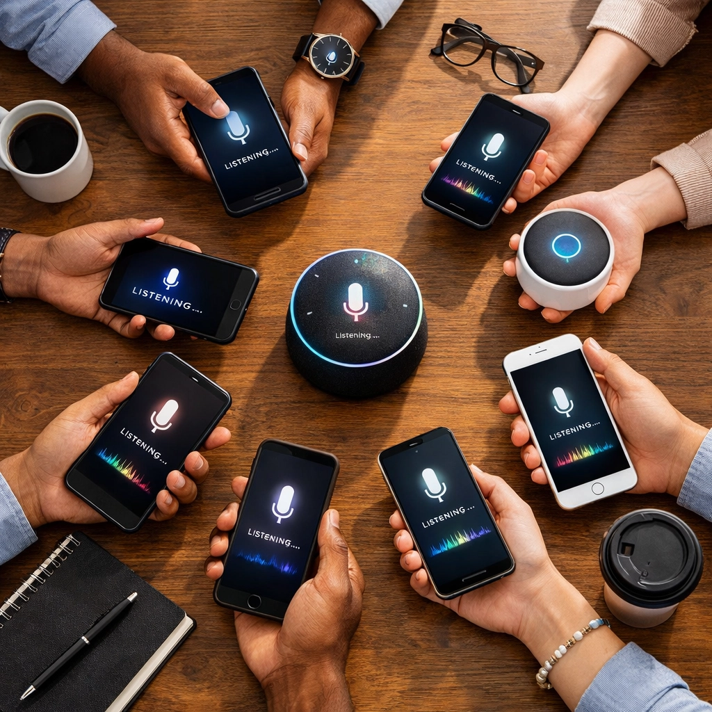 Business team using mobile devices for voice search optimization meeting