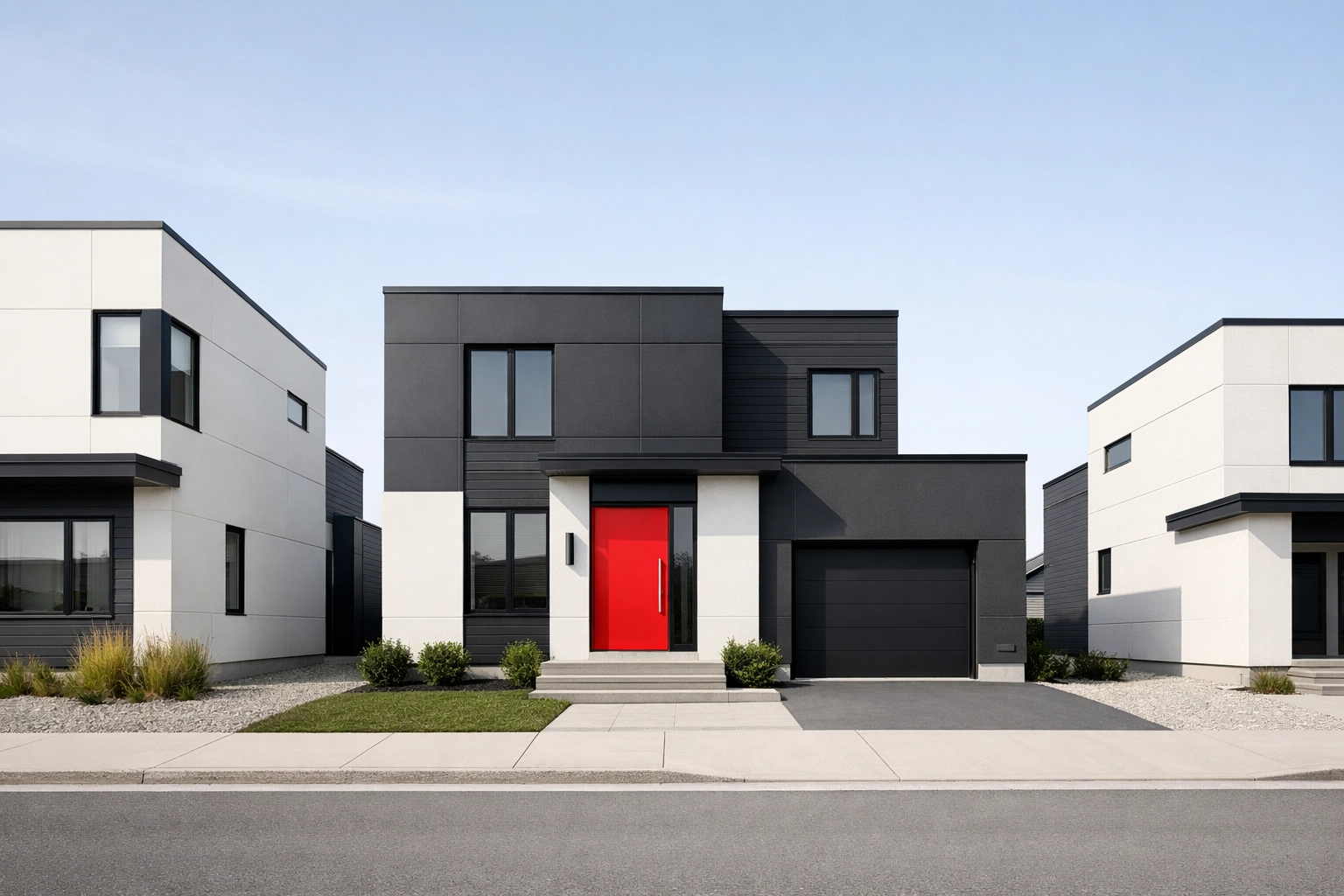 Quartier résidentiel moderne à Québec avec maisons contemporaines aux lignes épurées.