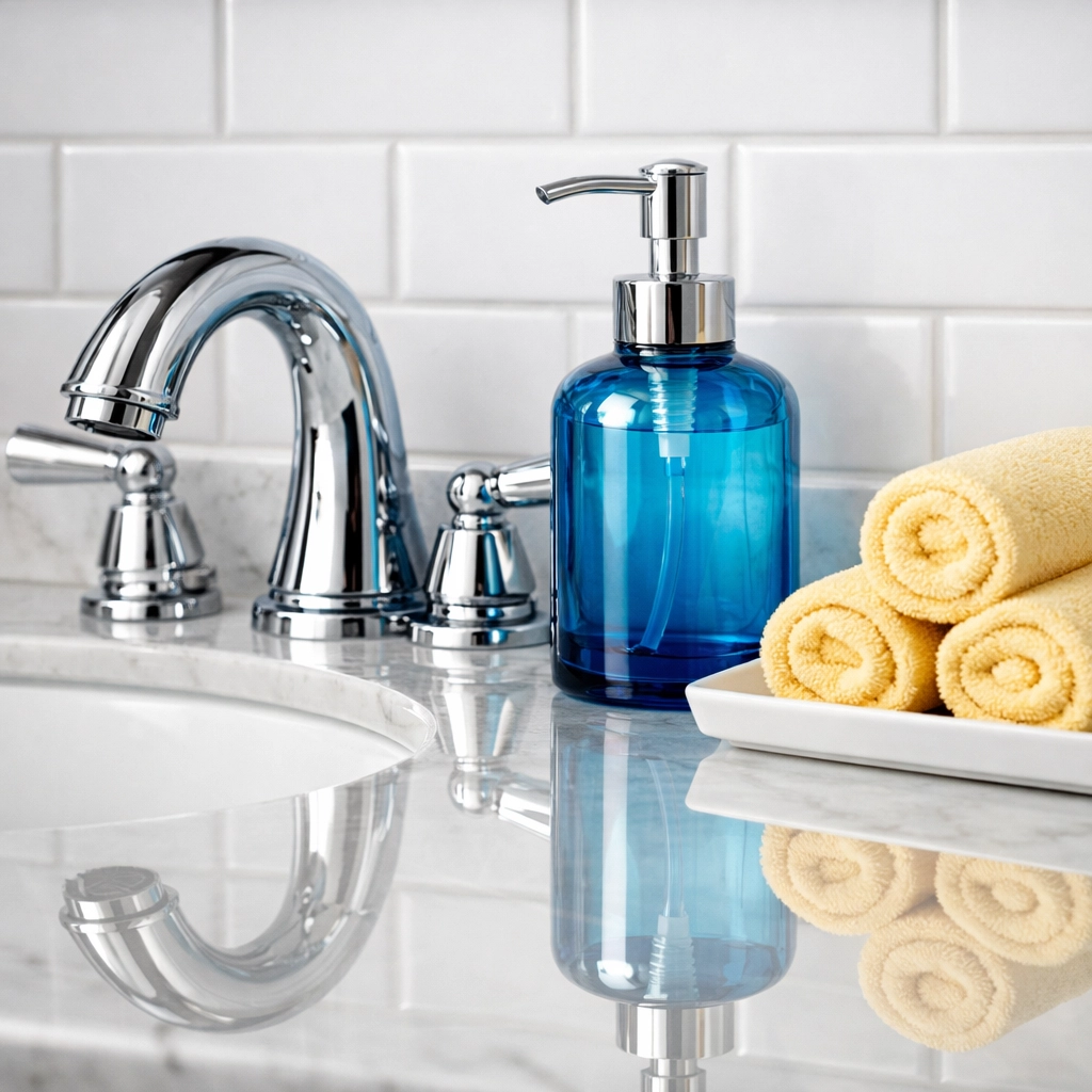 Close-up of a sparkling clean marble bathroom vanity following a complete deep cleaning Worcester service.