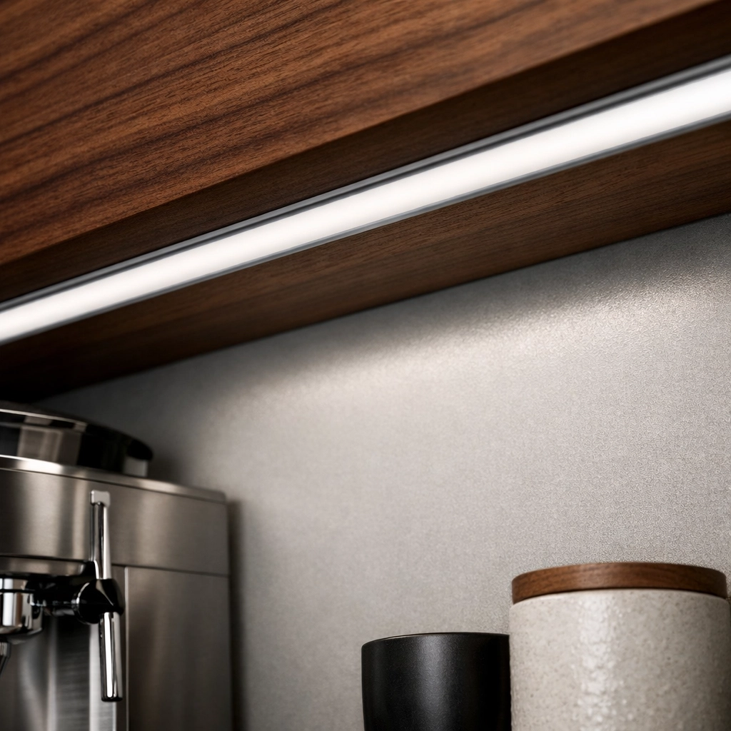 Close-up of a custom aluminum LED channel installed in a walnut shelf for a kitchen coffee bar.