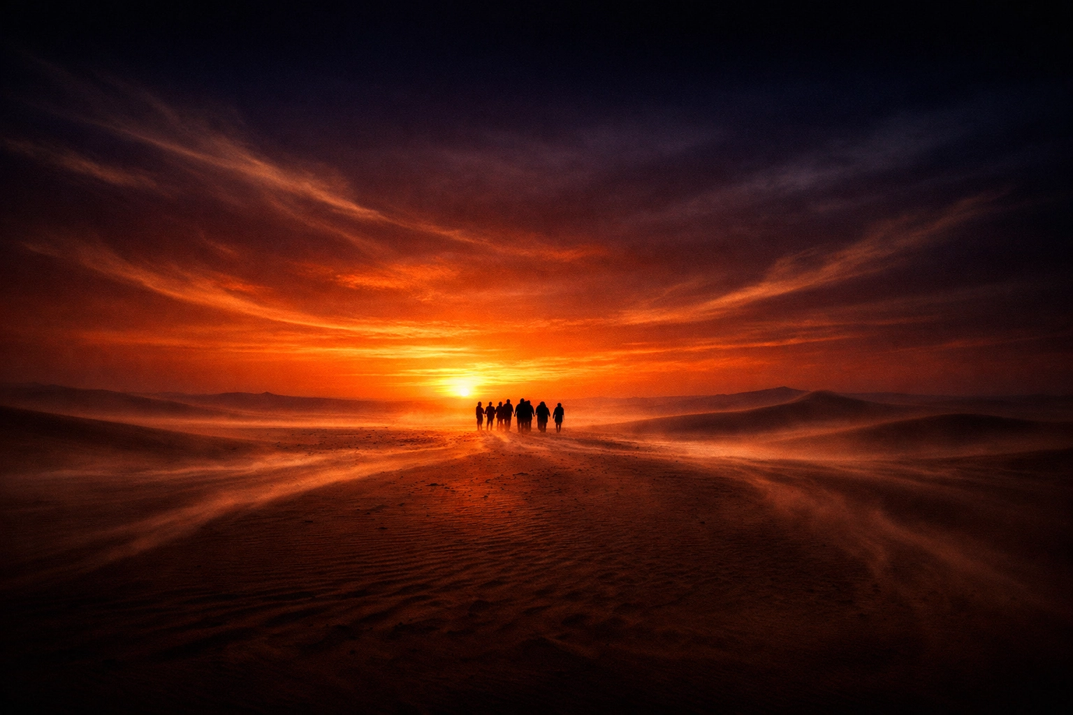 Silhouettes of people walking through a desert sunset representing the scattering of the Iranian diaspora.