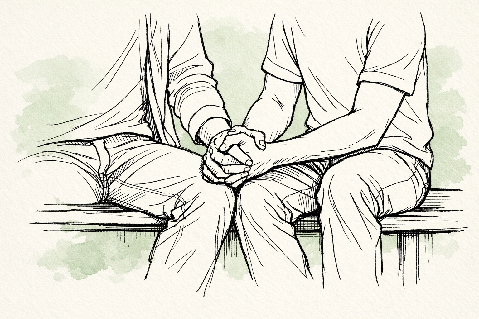 Two men holding hands tightly on a bench, illustrating the quiet resilience celebrated in gay novels.