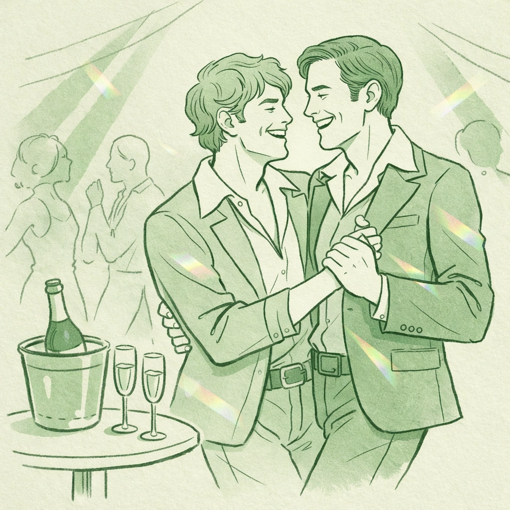 Two men celebrate with champagne in a 1970s gay disco after Stonewall liberation