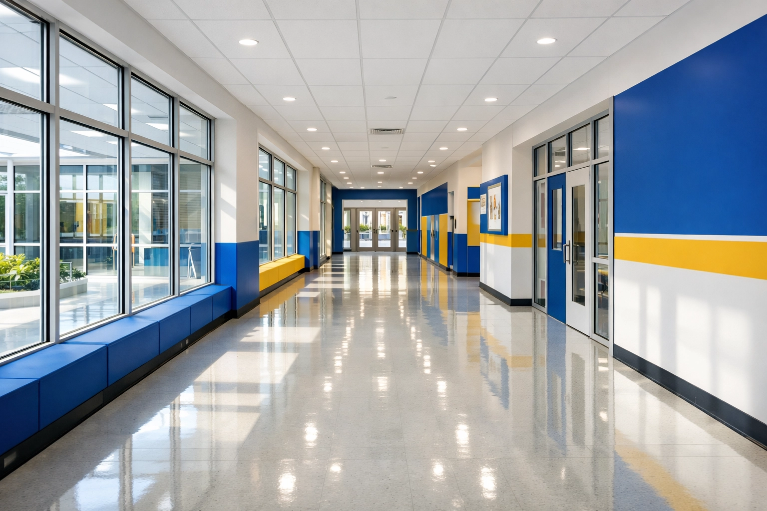 Clean and sanitized modern school corridor in Attleboro highlighting professional school cleaning standards.