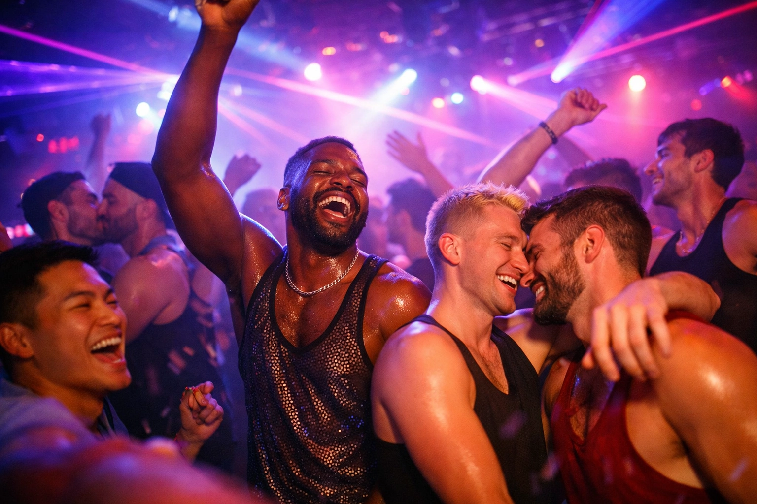 LGBTQ+ community dancing joyfully on gay nightclub dance floor with vibrant club lighting