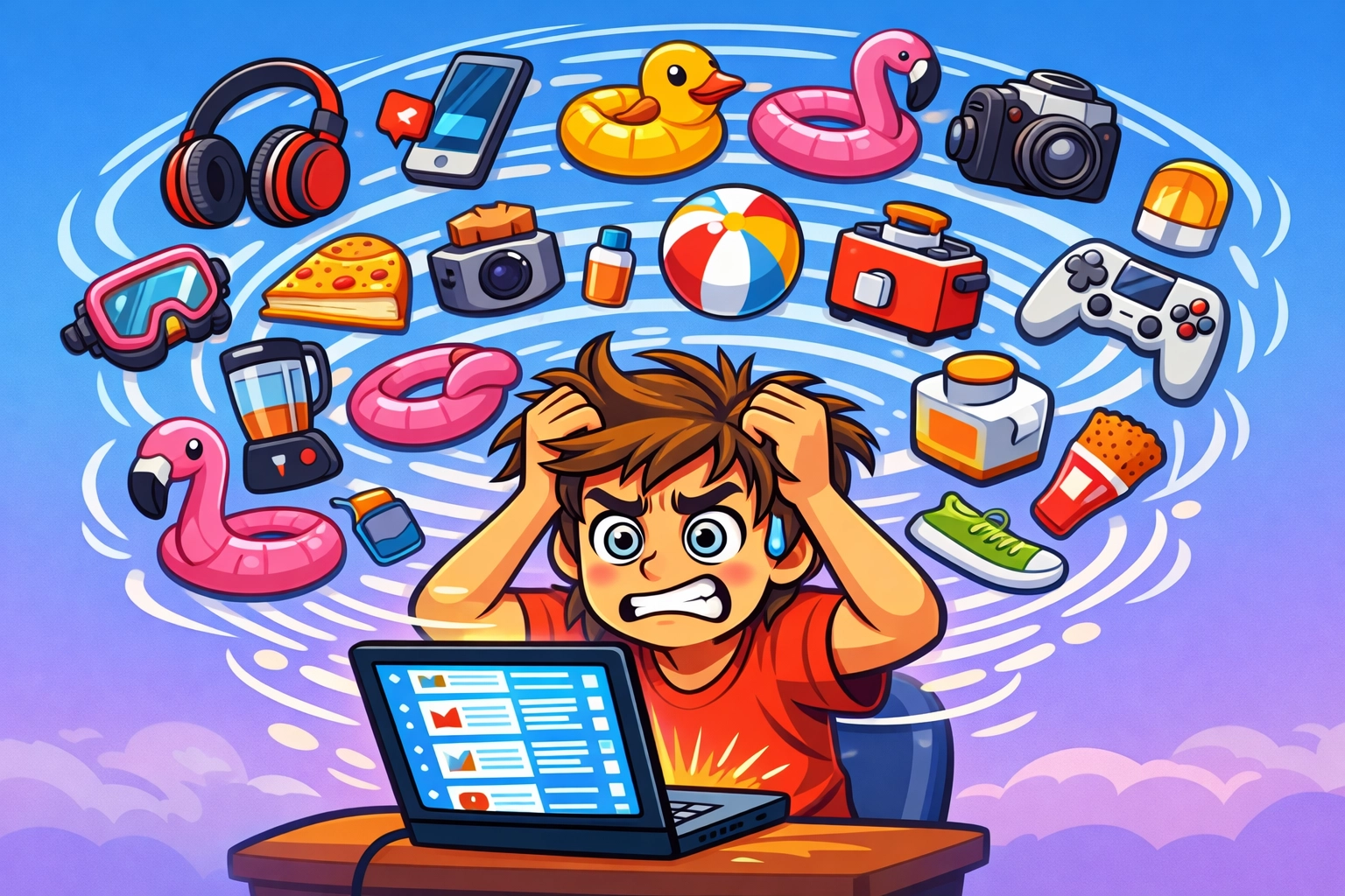 Shopper overwhelmed by endless scrolling through daily deals online with floating product icons