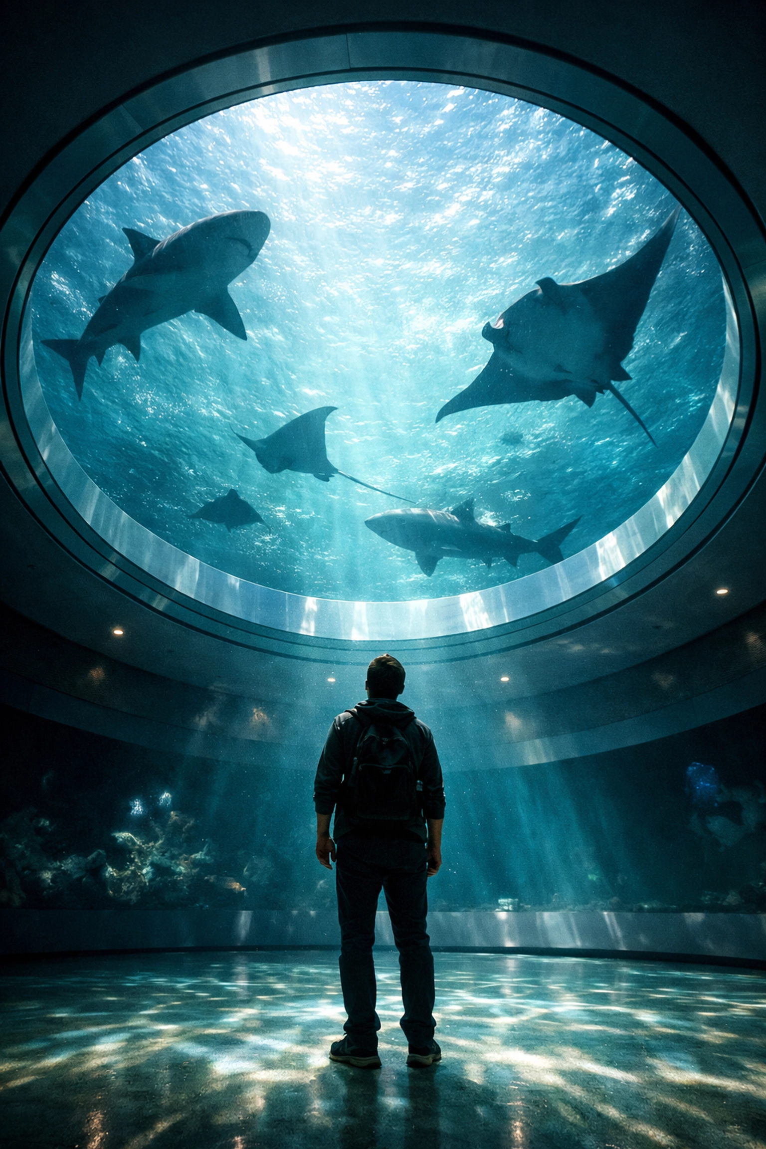 Sharks and rays swimming above visitors in the circular aquarium lens at the Frost Museum of Science.