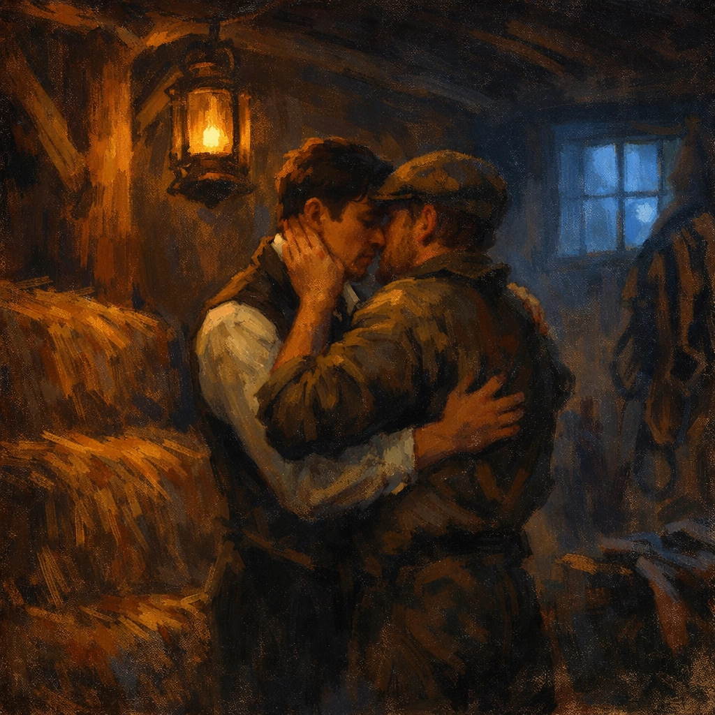 Two men embrace secretly in stable by lantern light - forbidden gay romance in Victorian era