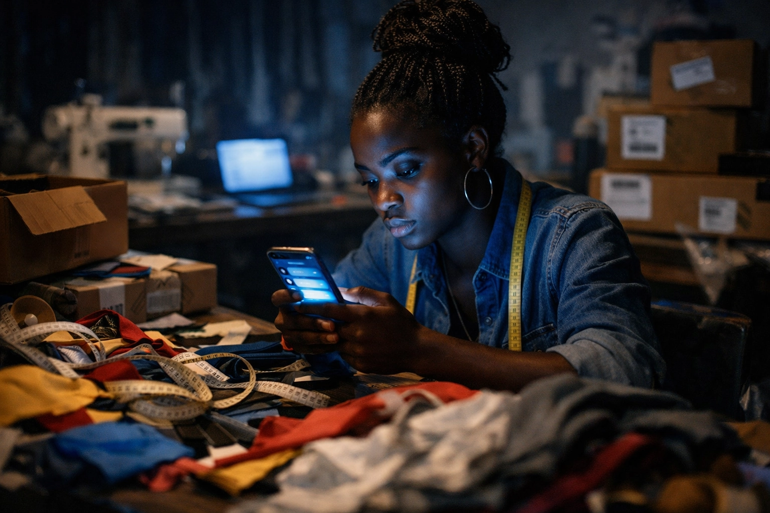 African fashion designer feeling overwhelmed by business tasks and WhatsApp DMs in her studio.