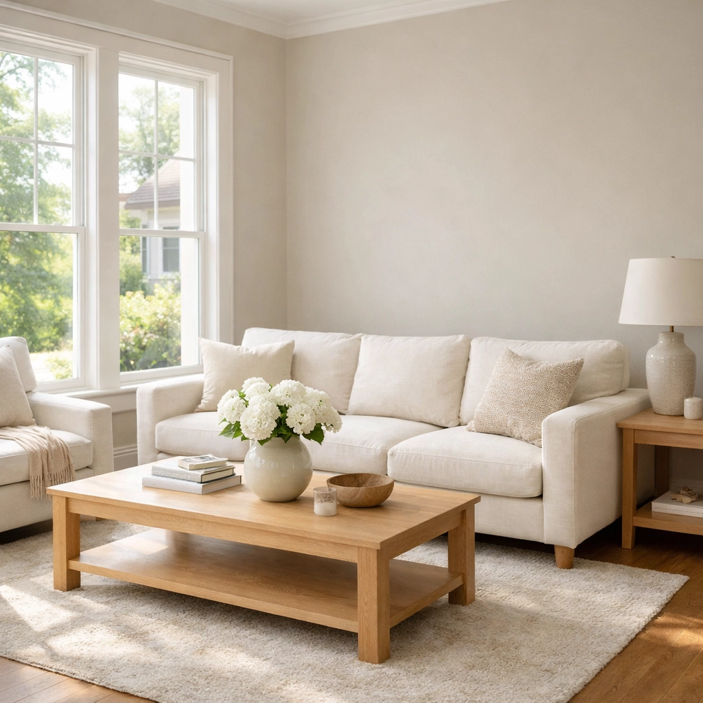 Sophisticated greige interior painting in a bright, modern Atlanta living room.