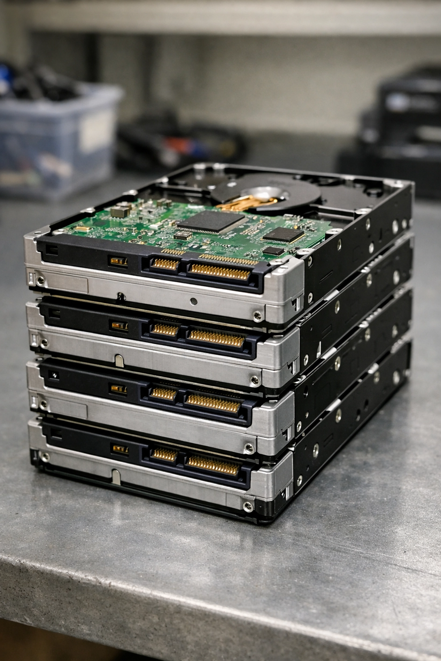 Internal computer hard drives on a workbench prepared for secure data destruction and IT recycling.