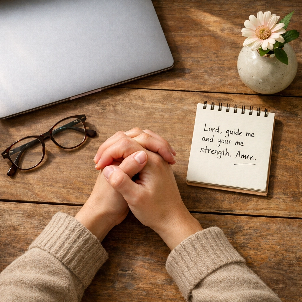 Hands in prayer before reading news - choosing peace over doom-scrolling