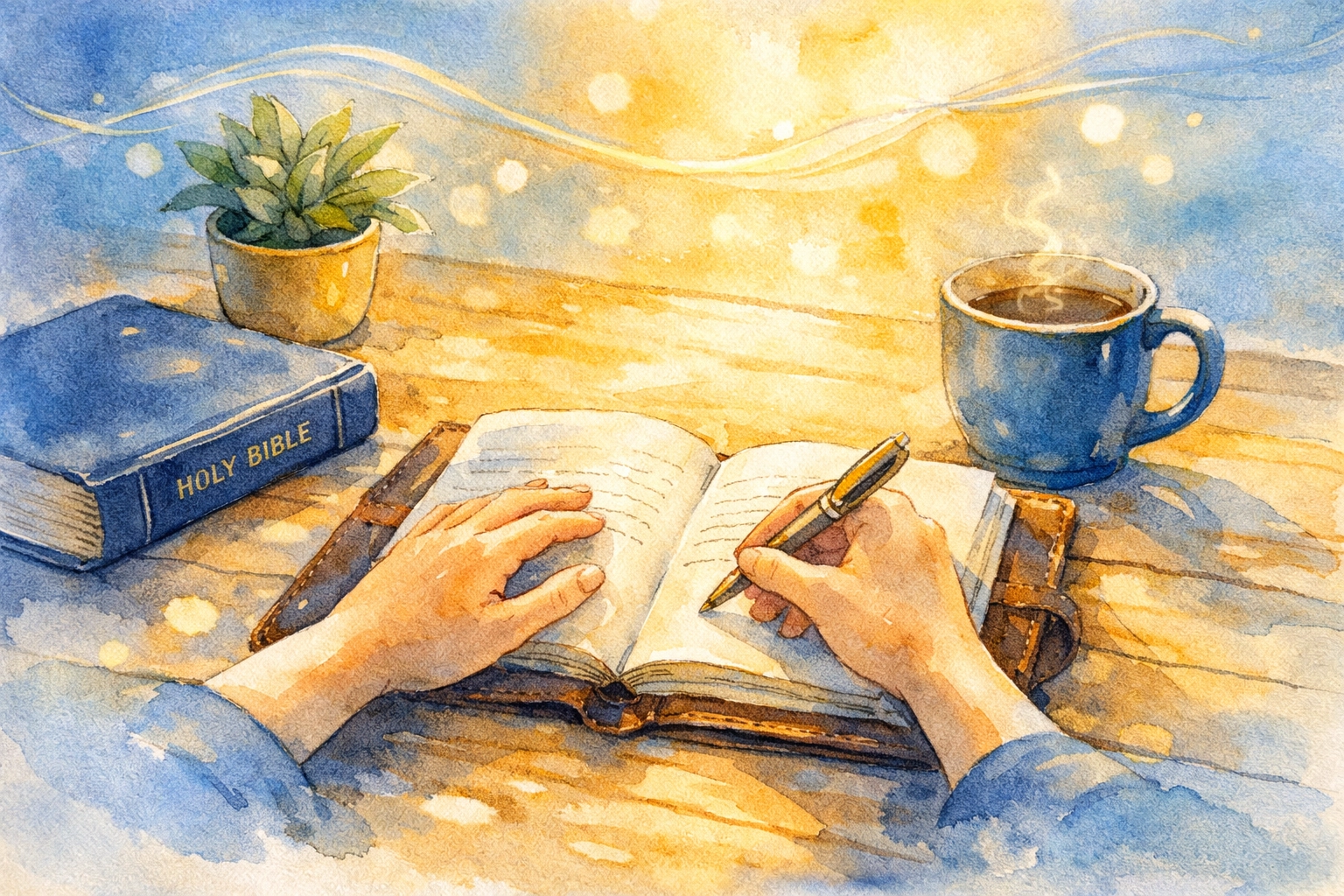Hands writing in journal beside Bible creating a personalized rule of life for spiritual growth