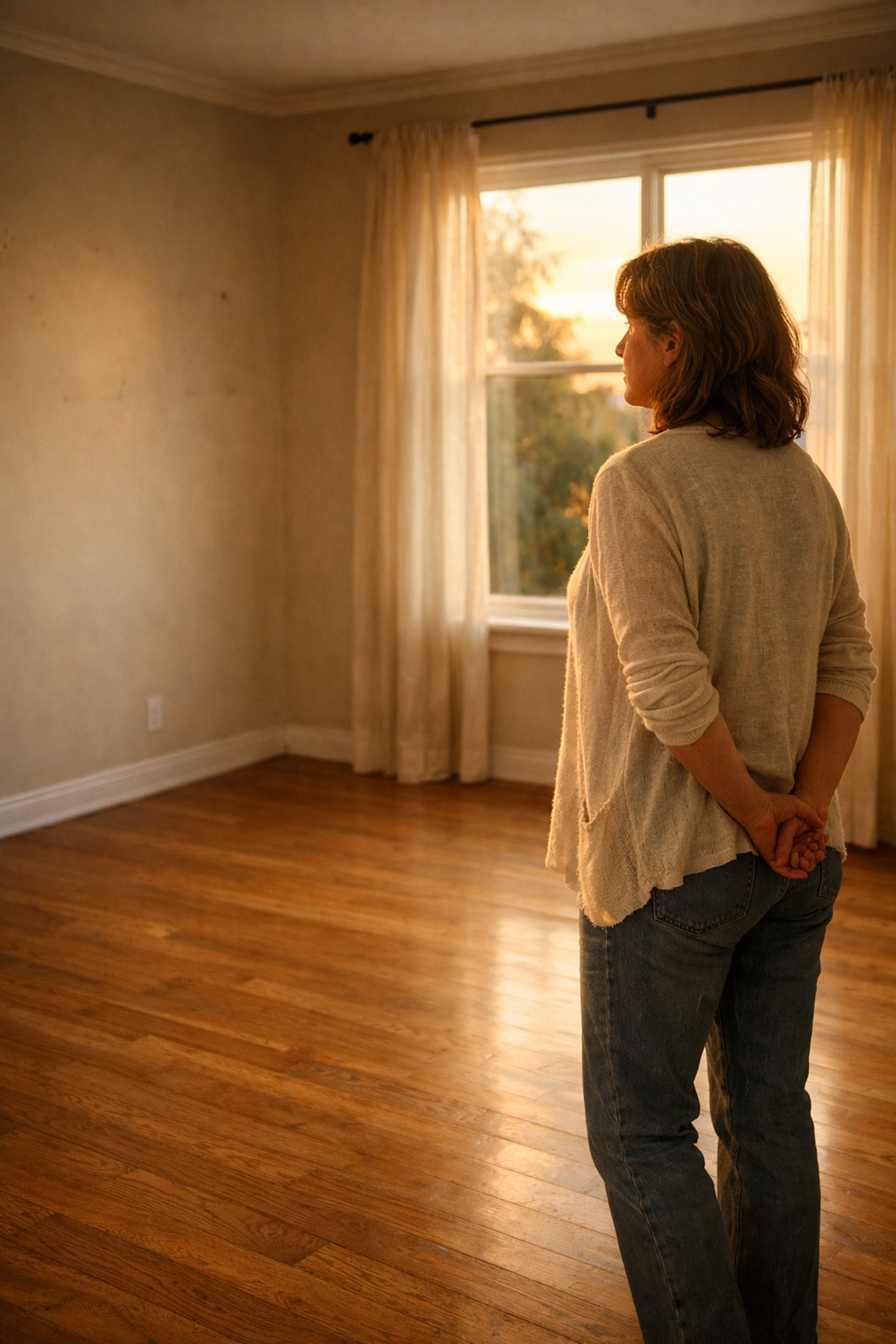 Woman in empty living room reflecting on memories before downsizing South Jersey home