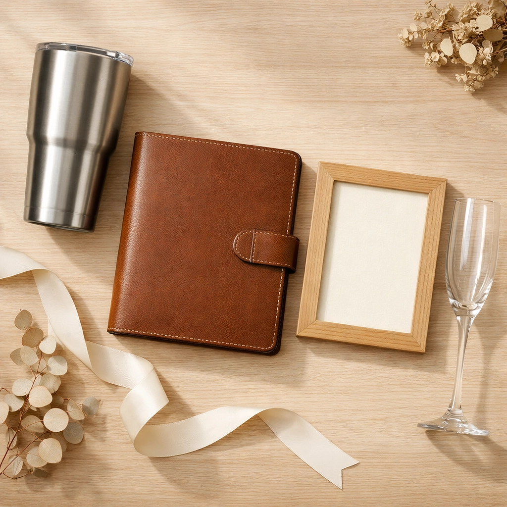 Personalized gift items including tumbler, journal, and picture frame ready for custom laser engraving