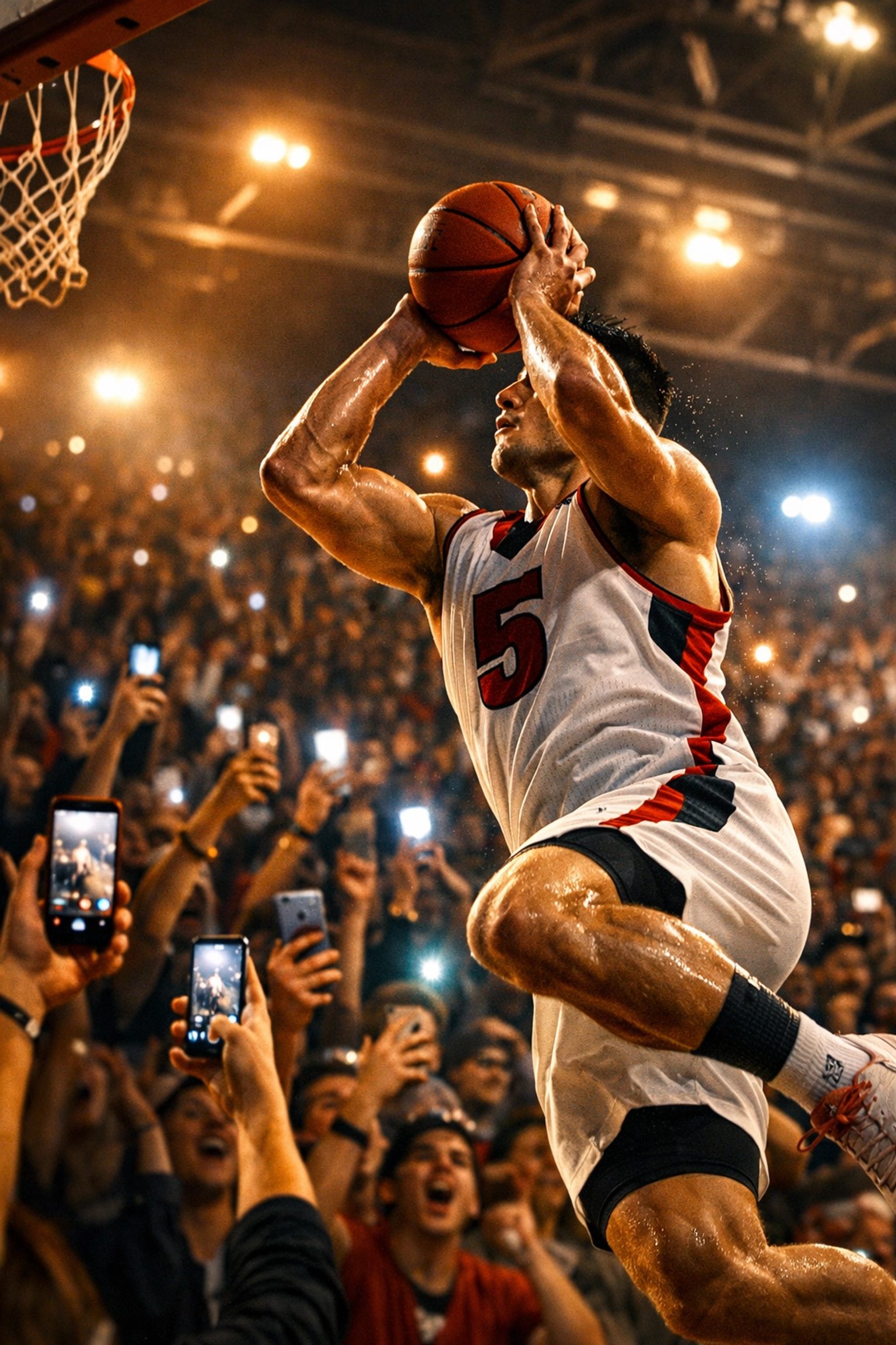 College basketball player engaging crowd recording on smartphones during NIL marketing moment