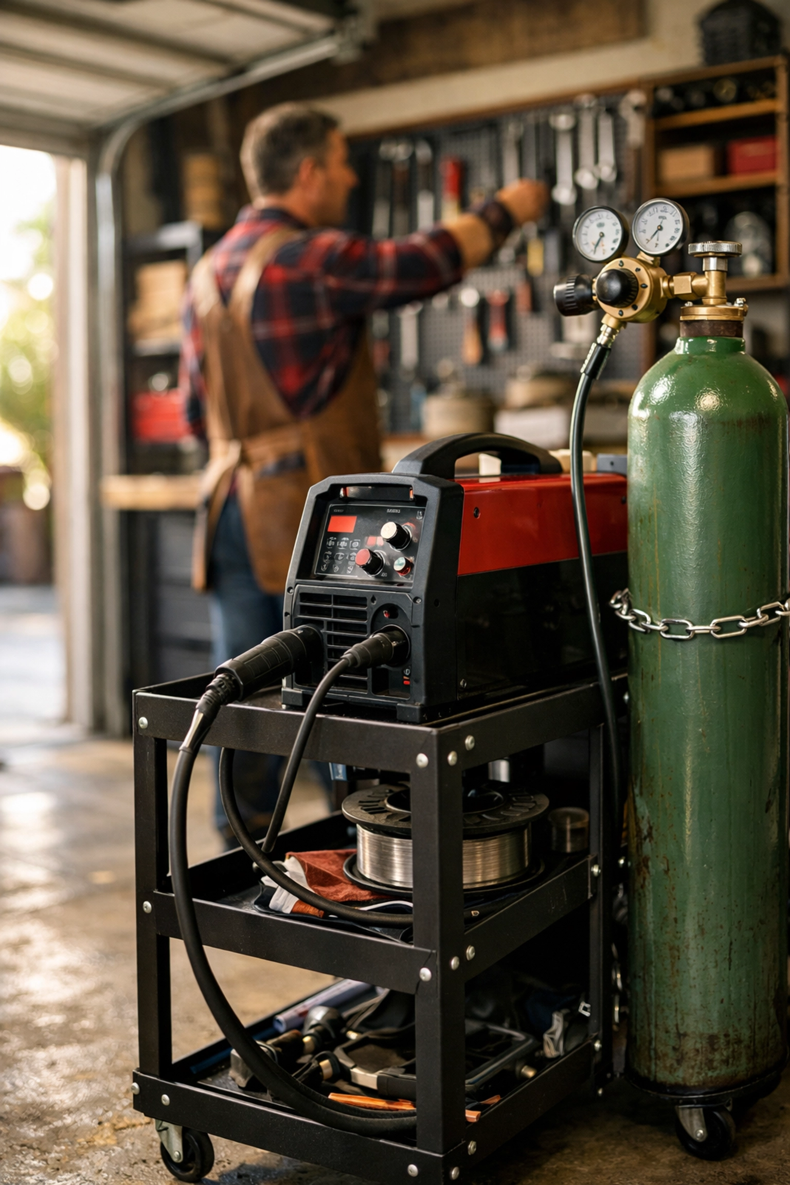 A MIG welding gas cylinder safely secured upright on a trolley with safety chains in a home workshop.