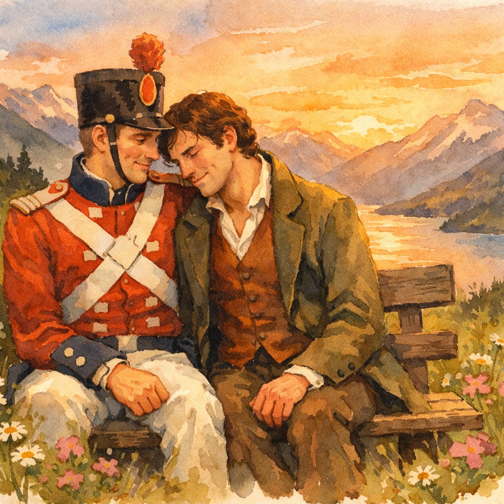 Swiss soldier and civilian together on alpine bench overlooking Lake Lucerne in MM romance scene