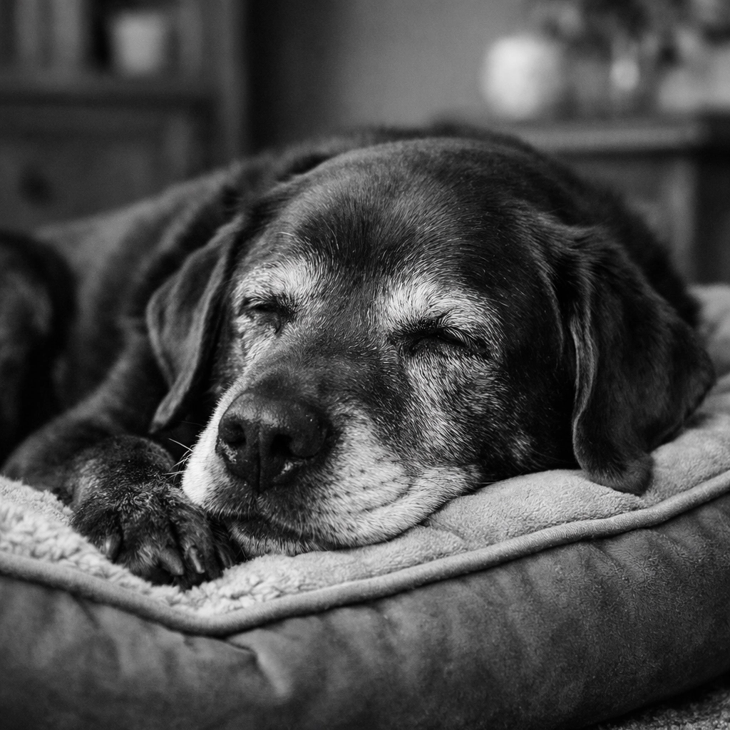 Peaceful senior Labrador Retriever resting comfortably on dog bed at home