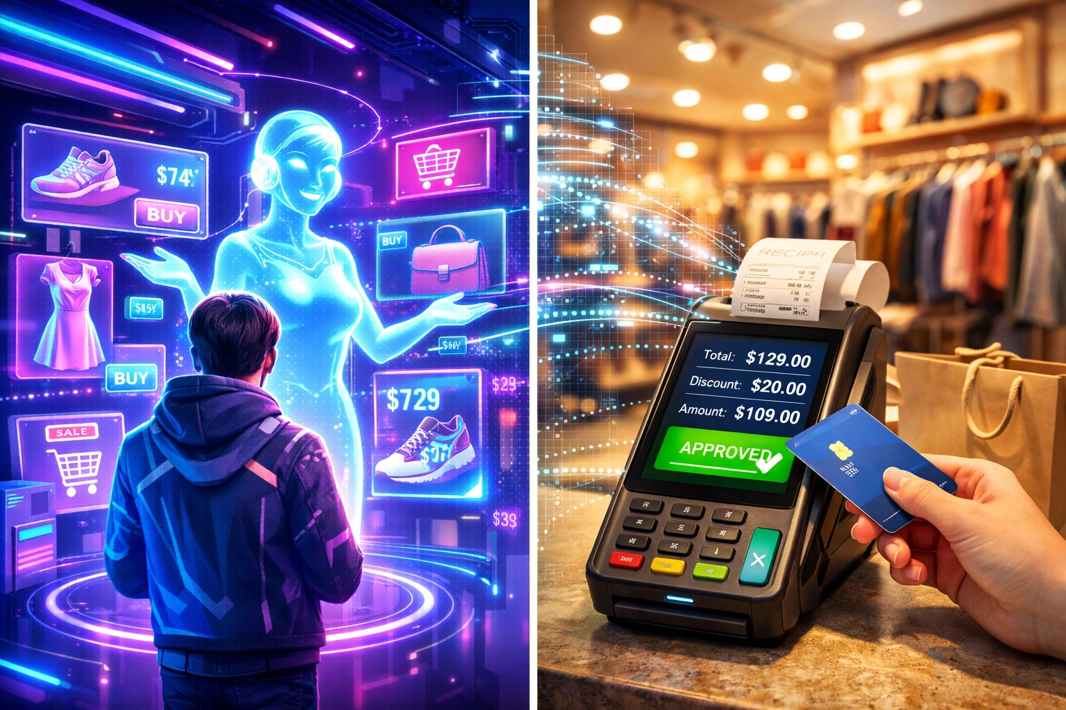 AI-powered shopping assistant integrating metaverse and physical store crypto payments