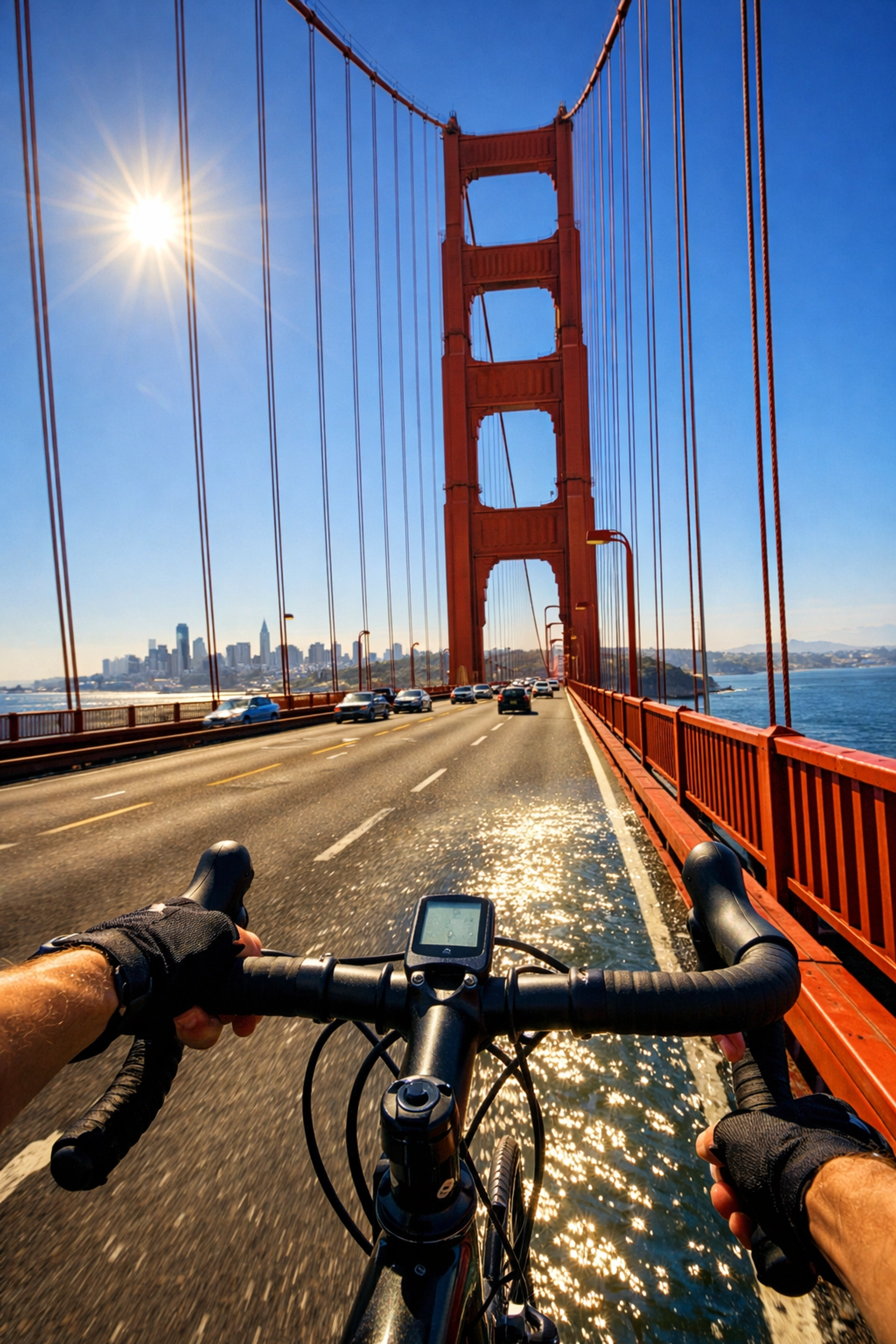 First-person view of a cyclist riding across the golden gate bridge toward the san francisco skyline.