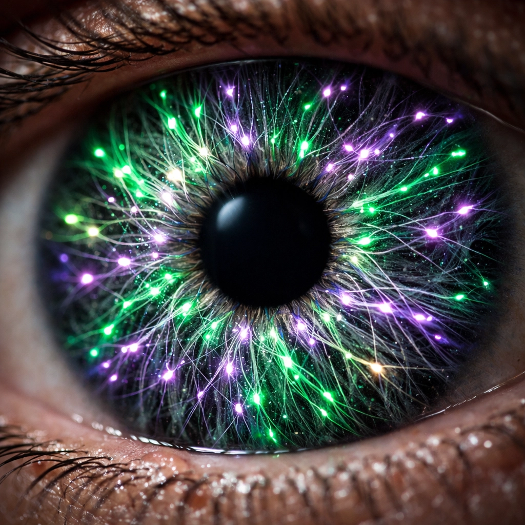 A close-up of a human eye transformed into a biological neural network for deep learning and AI education.