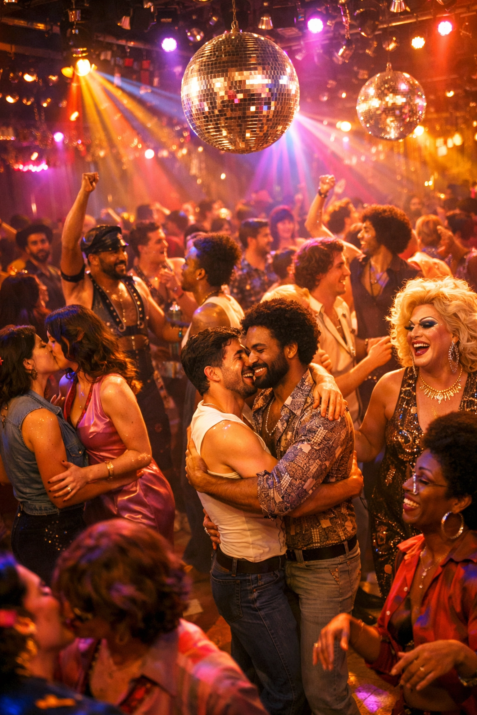 LGBTQ+ dancers celebrating on 1970s disco floor under spinning disco balls
