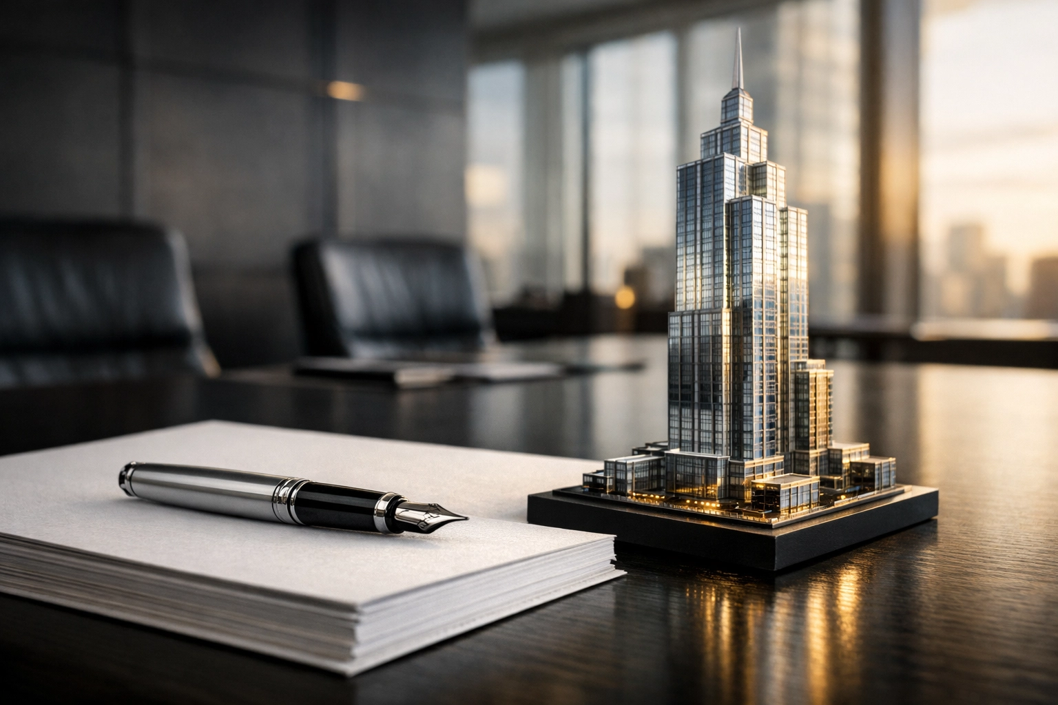 Strategic financial documents and skyscraper model representing wealth protection and trust structures for business growth.