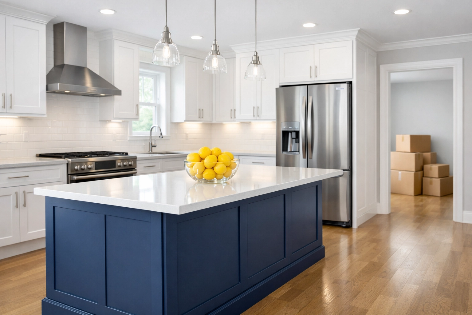 Spotless modern kitchen in Shirley MA prepared for new homeowners after a move-out deep clean.