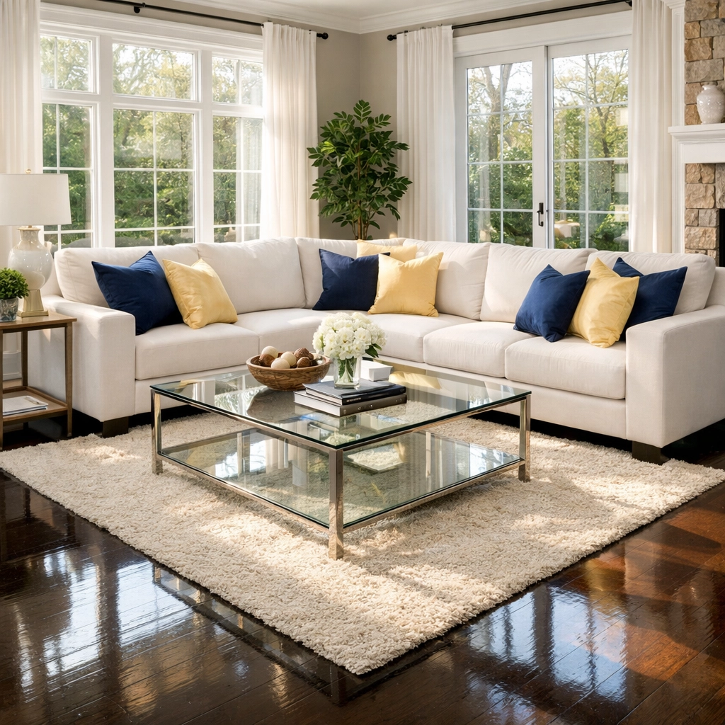Sun-drenched living room with polished floors after weekly house cleaning in Pepperell.