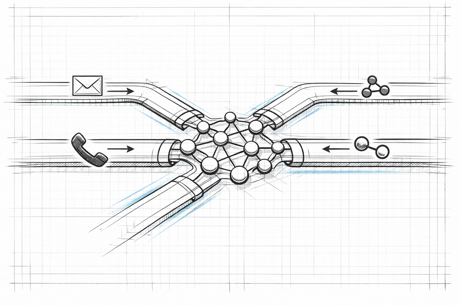 Multi-channel sales approach diagram connecting email, phone, and LinkedIn outreach to prospects