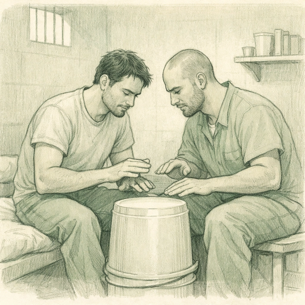 Gay couple creating rhythm with makeshift drum in prison cell