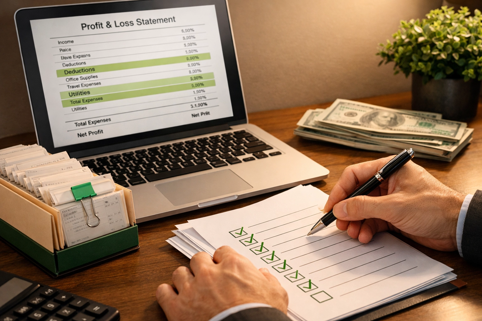 Business owner reviewing organized financial statements and tax deduction checklist