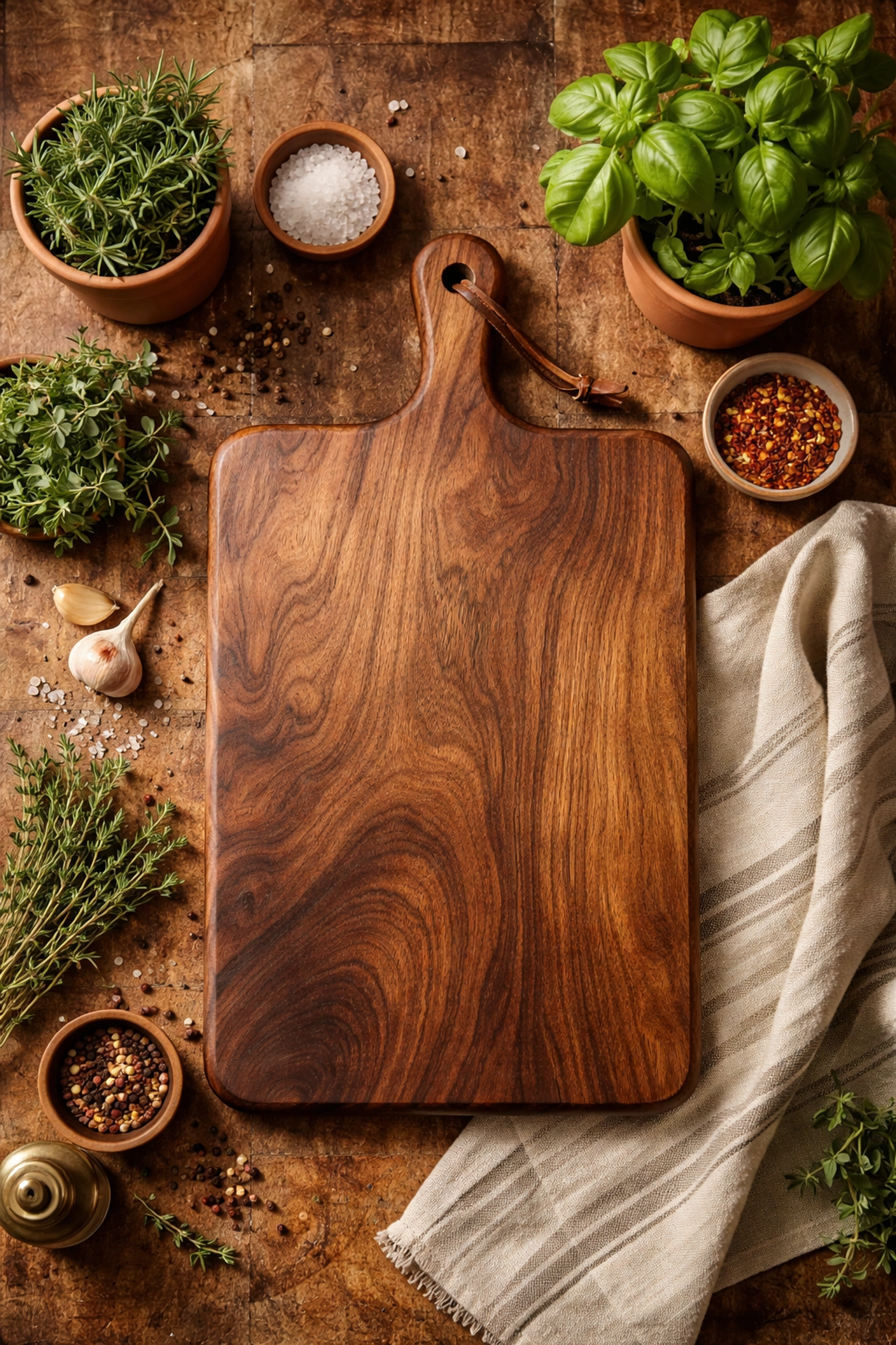 Handcrafted wooden cutting board on rustic kitchen counter, representing personalized kitchen gifts.