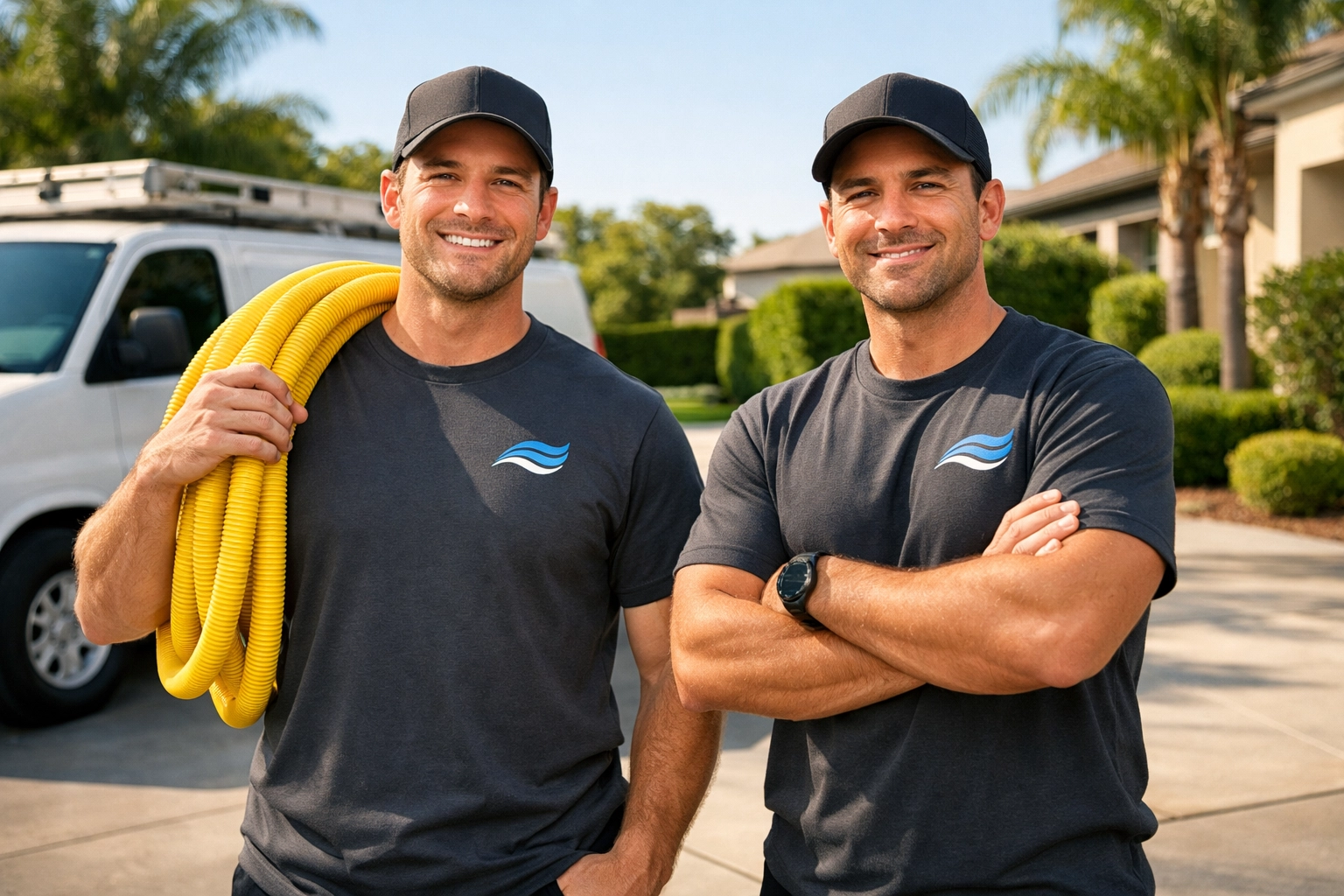 Professional pool service crew wearing matching charcoal bulk custom t-shirts for a unified brand look.