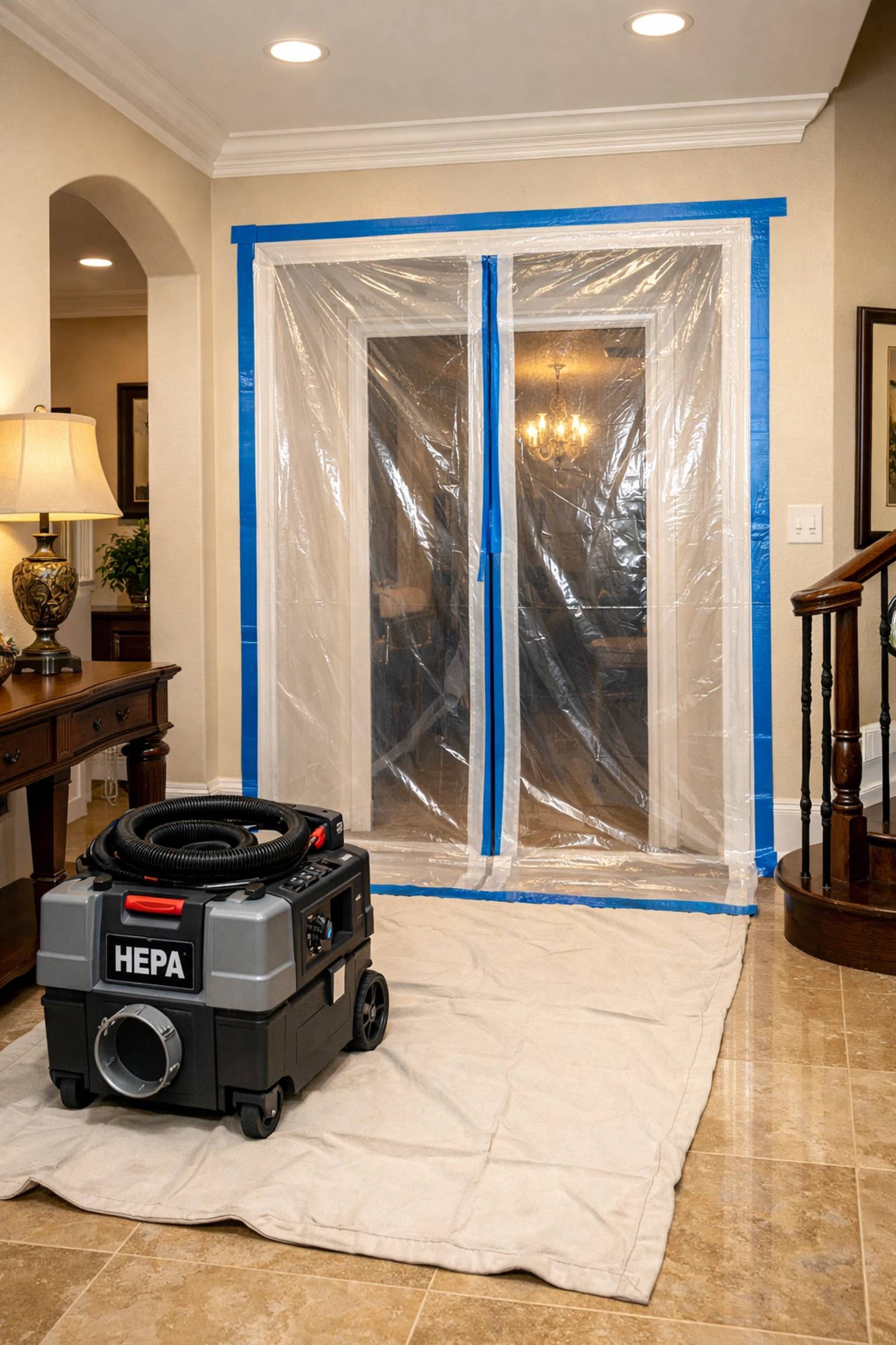Clean residential drywall repair Venice FL workspace featuring professional dust containment and shielding.