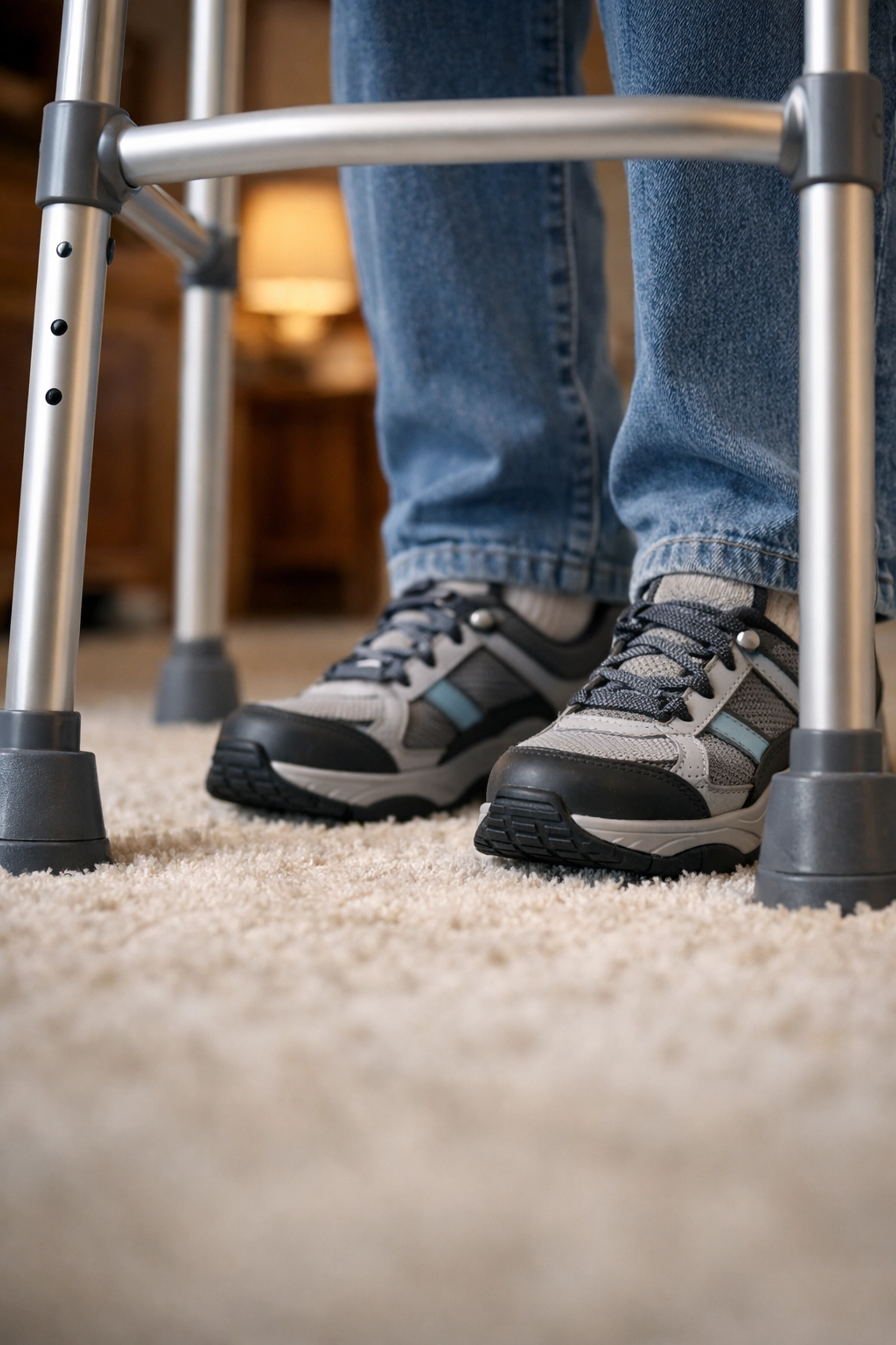 Close-up of proper foot placement, with the user stepping inside the walker frame for maximum stability.