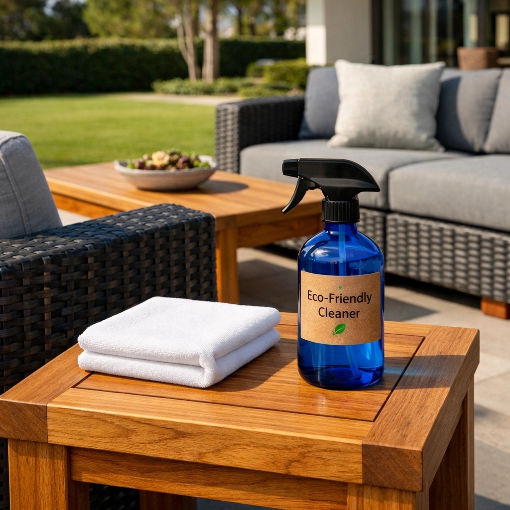 Eco-friendly cleaning solution and cloth on a modern teak and wicker patio set.