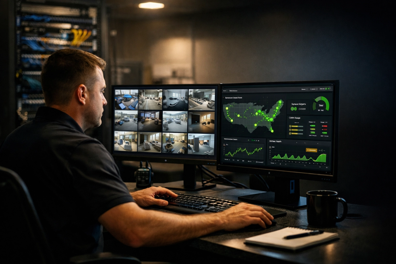 A professional managing a business security system dashboard on a converged network.
