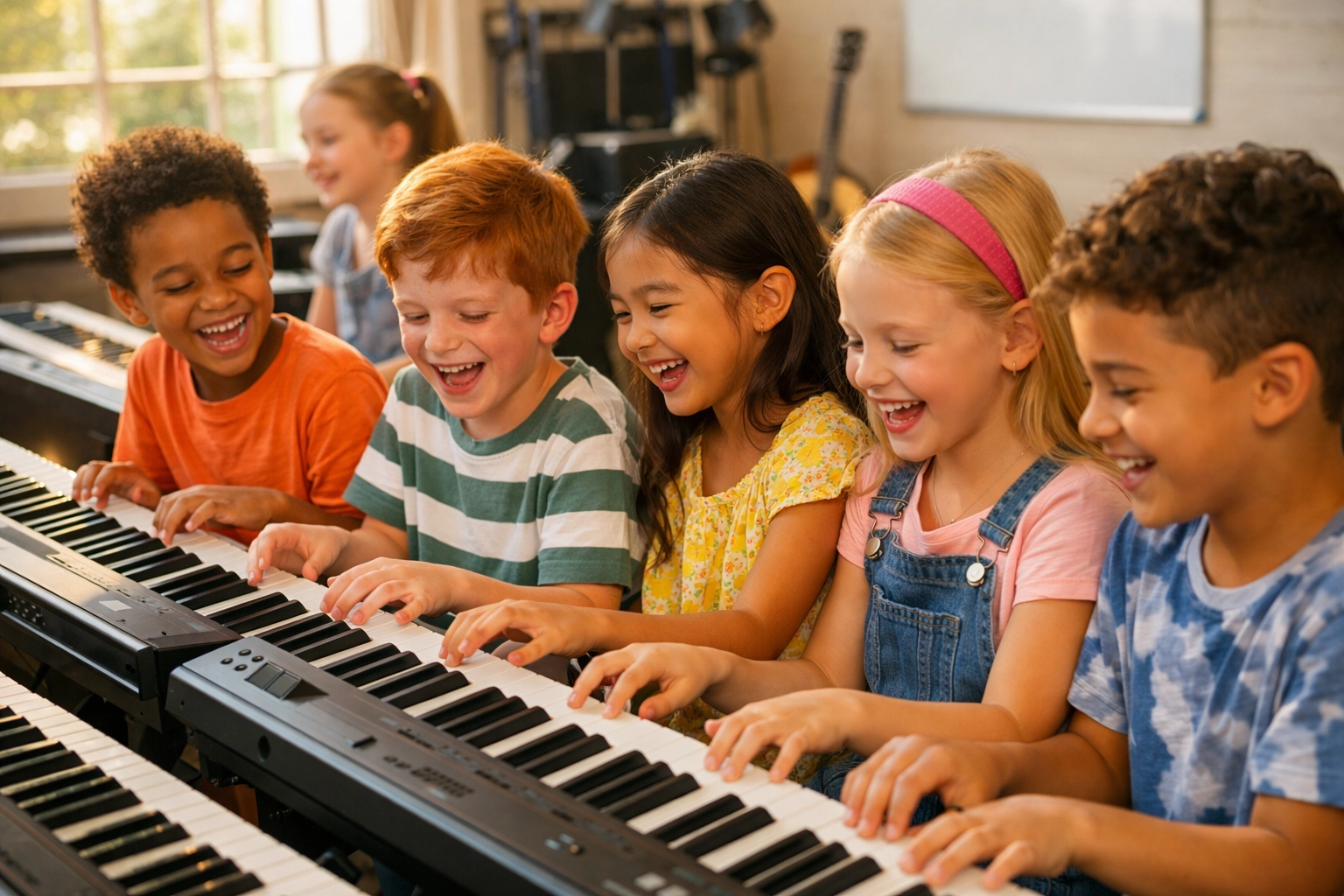 Diverse children enjoying group piano lessons at Stonecrest music studio