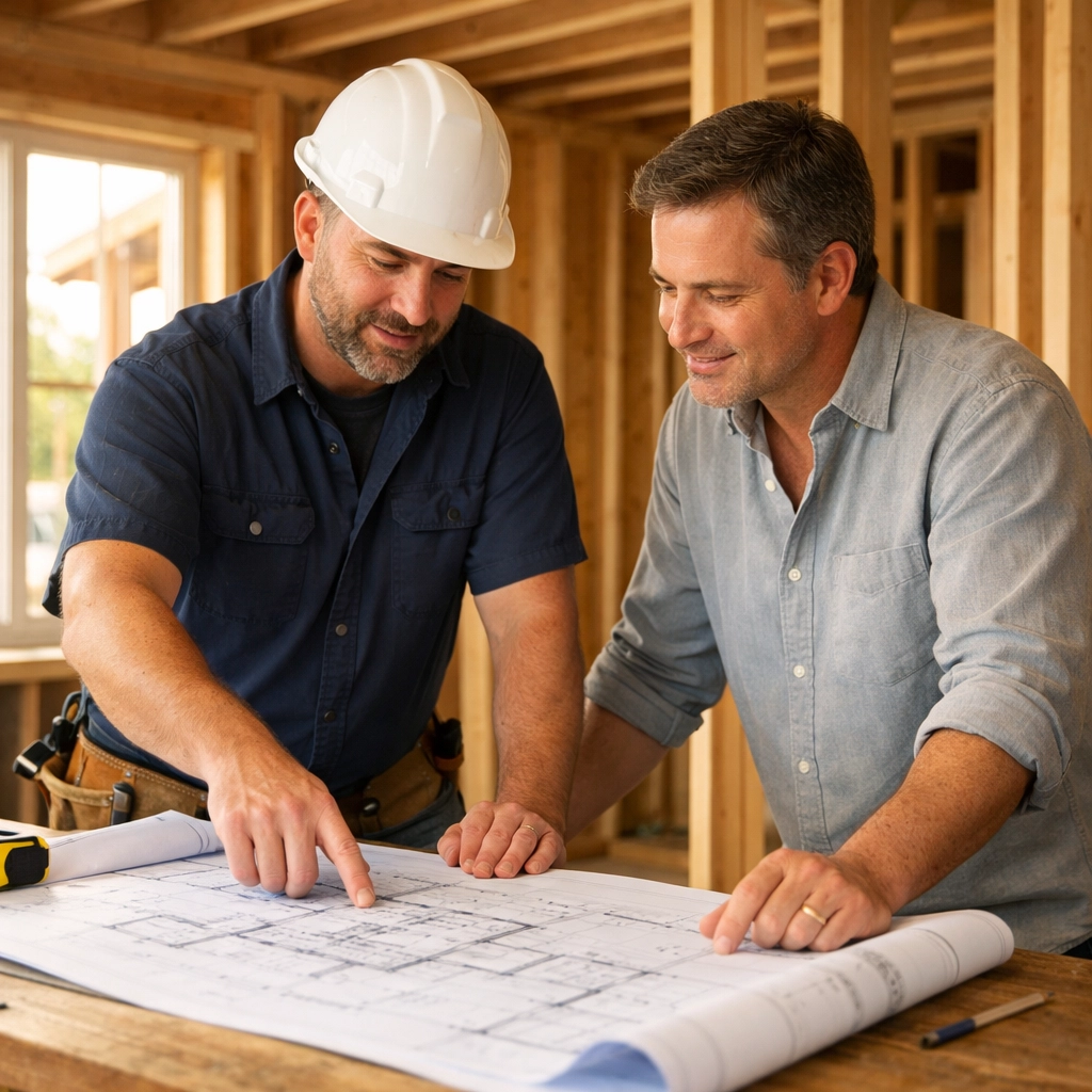 Homeowner and builder in Bognor Regis reviewing architectural plans for a home extension project.