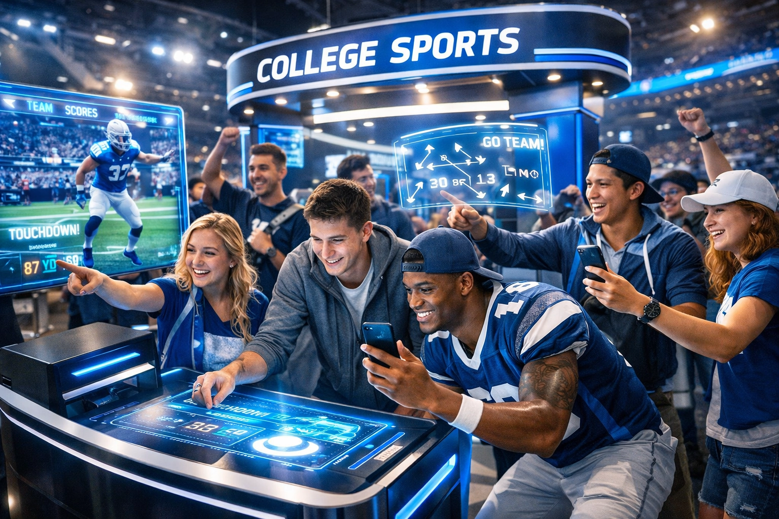 College athletes and fans engaging with interactive AR displays at Super Bowl stadium activation