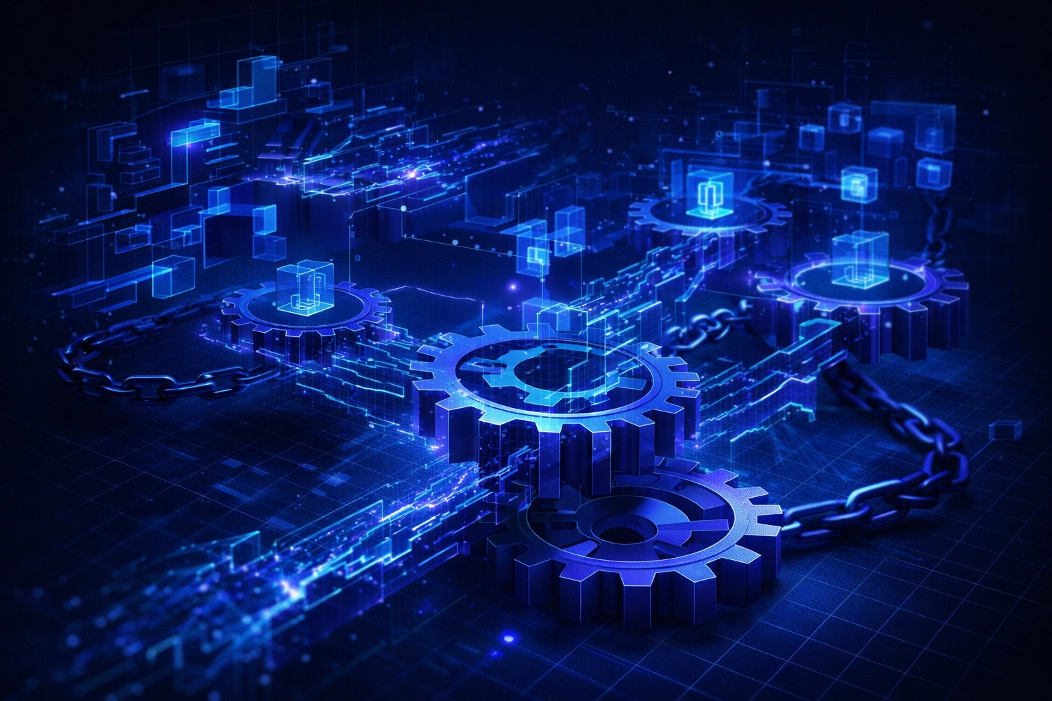 Conceptual business engineering visual showing fragmented workflows, floating process nodes, holographic system gaps, and interlocking digital gears in blue, purple, and teal.