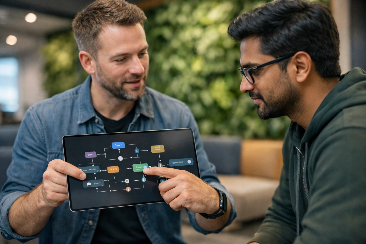 IT experts discussing Agentic AI workflows and ServiceNow platform optimization on a tablet.